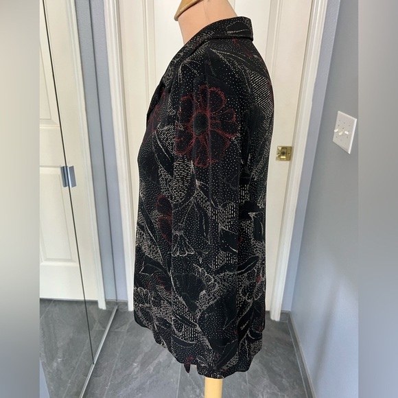 Vintage Softwear by Mark Singer Black Floral Slinky Knit Button Up Shirt Retro - Picture 5 of 9